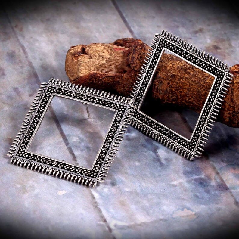 Oxidized Silver Oversized Square Stud Earrings