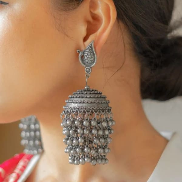 Peacock Dome Oxidized Jhumka Earrings – Tiered Ghungroo Danglers