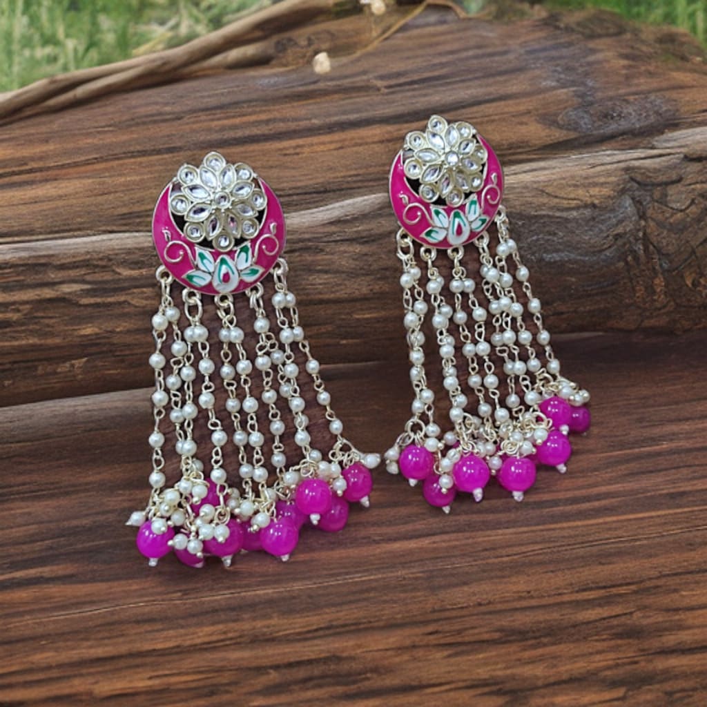 Hot Pink Earrings Meenakari with Kundan and Pearl Long Danglers