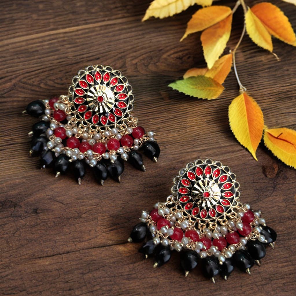 Black and Red Meenakari Earrings with Pearls