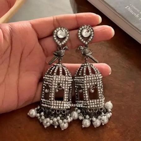 Black Gun Metal Zircon Cage Earrings with Pearls