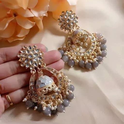Sneha Grey Meenakari Kundan Pearl Jhumka Danglers