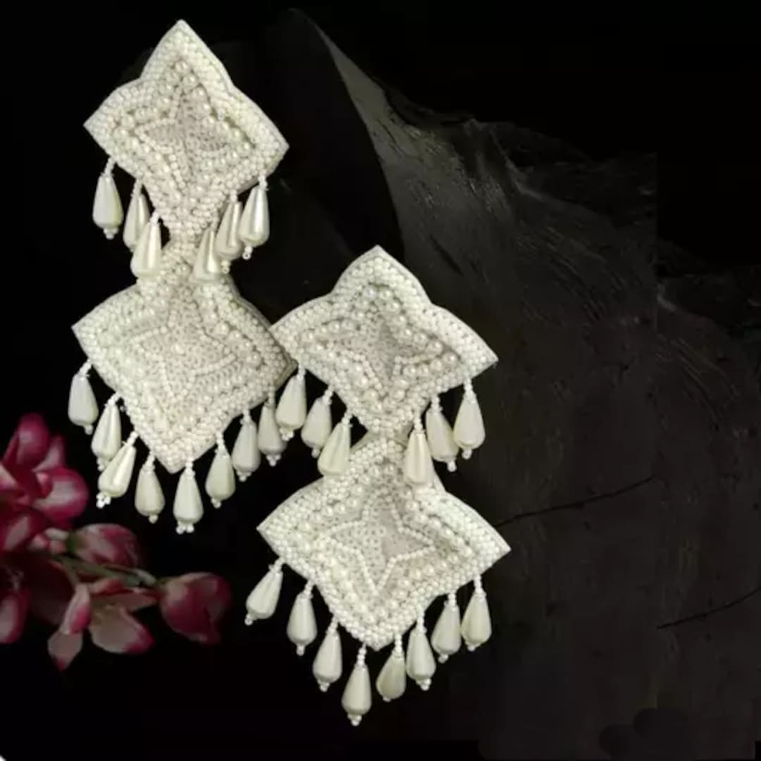 White Pearl and Sequence Long Embroidery Earrings