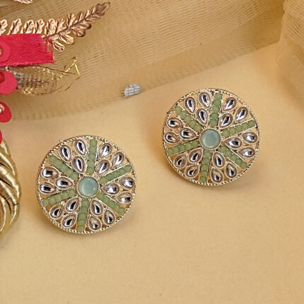 Kirti Kundan Mint Green Stone Stud Earrings with Gold Plating