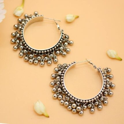 Oxidized Silver Big Ghungroo Hoop Earrings (Bali)