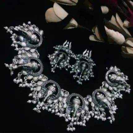 Oxidized Silver Ganesh Pearls Choker Necklace with Earrings