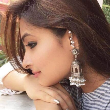 Oxidized Silver Temple Jhumka Earrings with Pearl Hair Chain