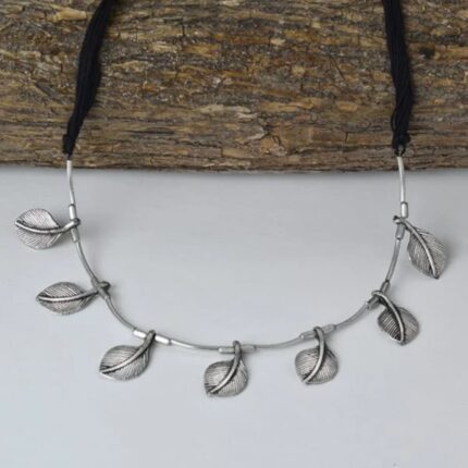 Oxidized Silver Leaf Choker Necklace