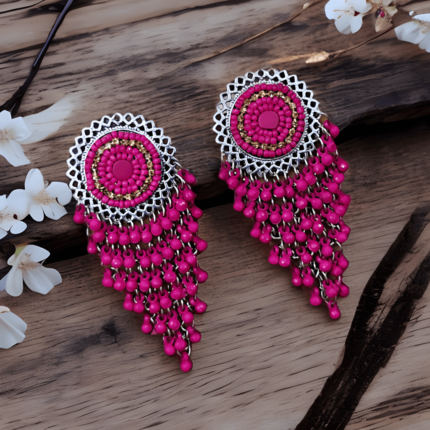 Hot Pink Handmade Embroidered Multi Layered Bead Earrings
