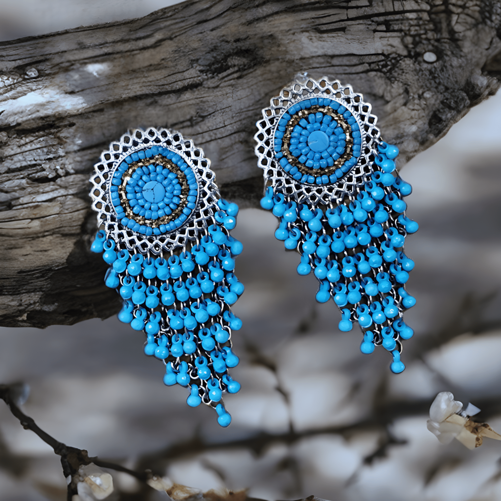 Flower Pattern/Floral Beads Traditional Jhumka/Sky Blue Color Earrings Set