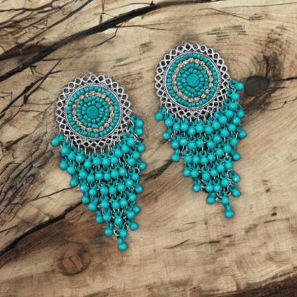 Turquoise Handmade Embroidered Multi Layered Bead Earrings