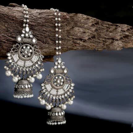 Oxidized Black Gun Metal Polish Kundan and Pearl Jhumka Earrings with Hair Chain