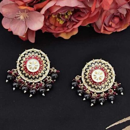 Beautiful Designer Gold Plated Meenakari and Pearl Stud Earrings (Black & Maroon)