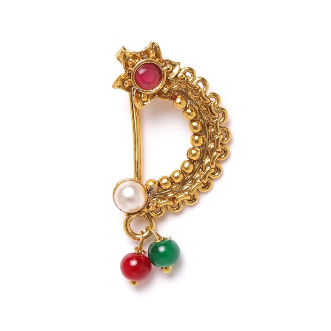 Buy PANASH Off-white Gold-plated Cz-studded Pearl Marathi Nose Pin Online