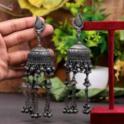 Oxidized Black Matte Enlongated Peacock Jhumka