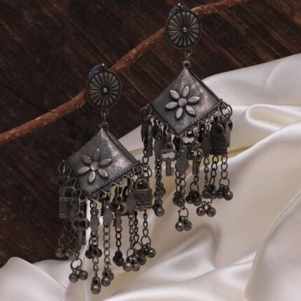Oxidized Black Matte Triangle Jhumka with Key and Lock Hangings