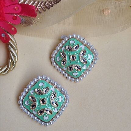 Gold Plated Square Mint Green Meenakari and Pearl Stud Earrings