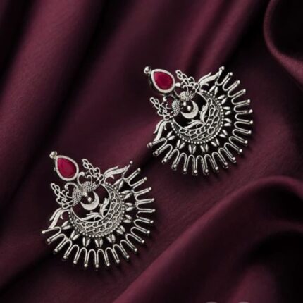 Oxidized Silver Peacock Stud Earrings with Ruby Stone