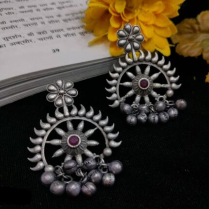 Oxidized Silver Look Alike Sun Earrings with ghungroo