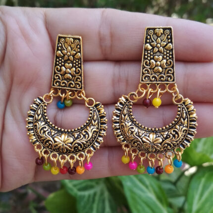 Oxidised Gold Multicolor Bead Chandbali Earrings