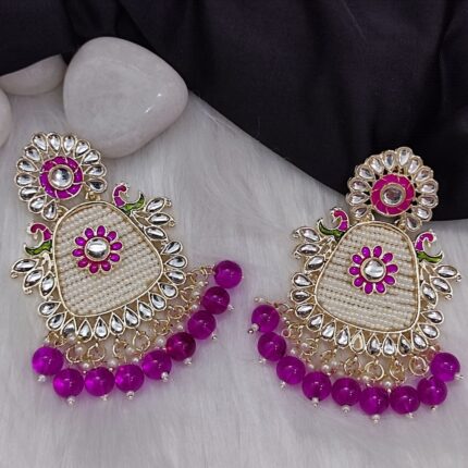 Alice Gold Plated Meenakari Pearl Kundan Dangler in Purple Color