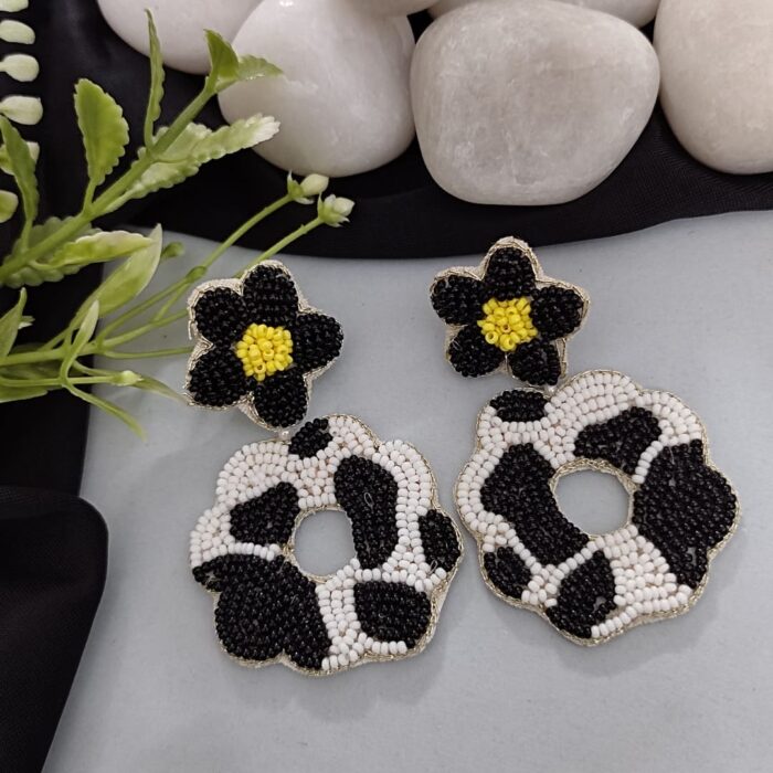 Beaded Flower Earrings in Black and White Color
