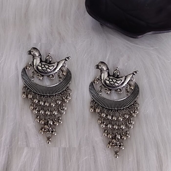 Oxidised Parrot Earrings with Layered Ghungroo