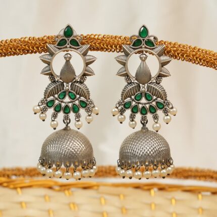 Brass Peacock Green Jhumka